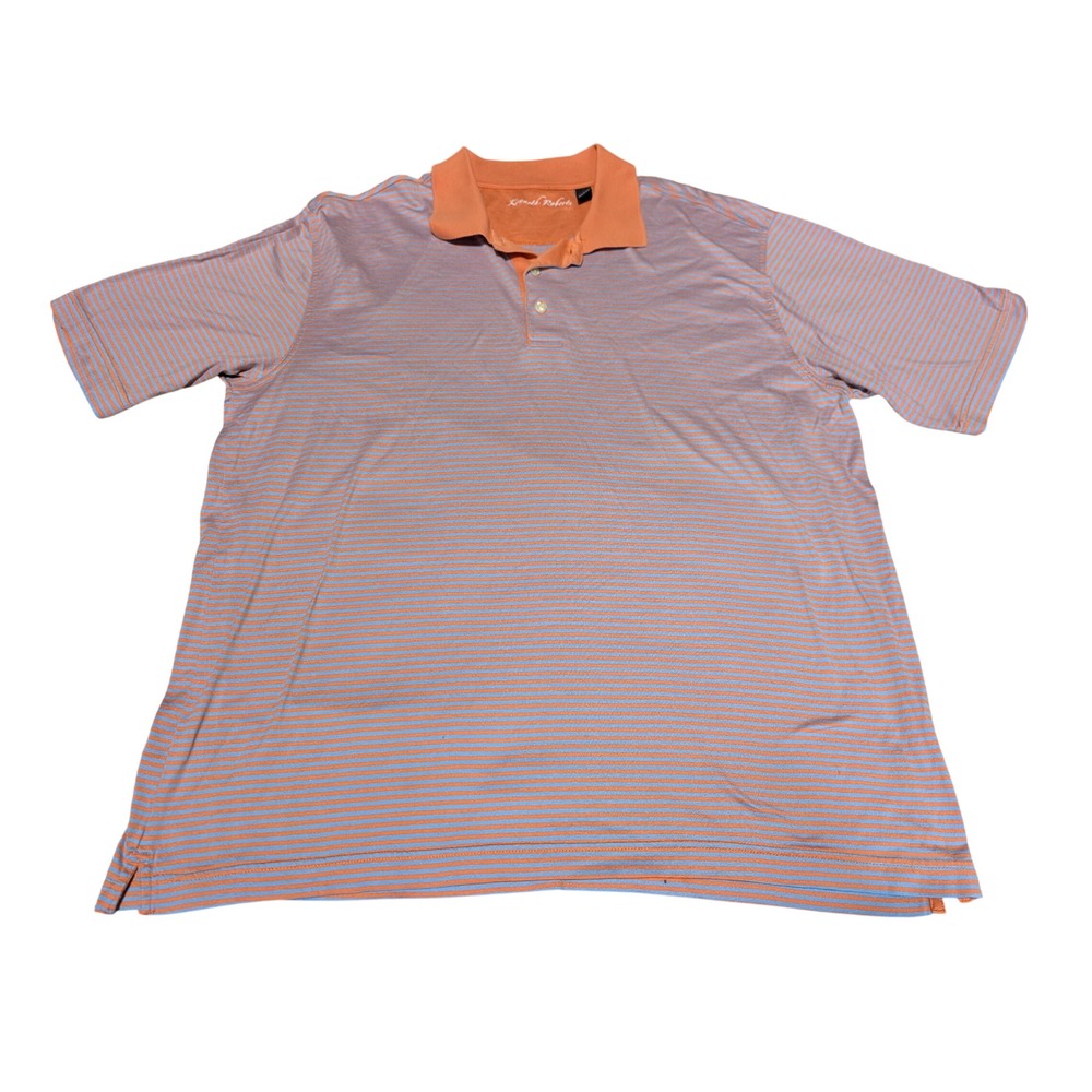 Kenneth Roberts Polo Shirt Mens L Orange Blue Striped Mercerized Cotton Golf Tee